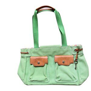 Fossil Mint Green Canvas Tote Bag Brown Leather Accents Key Striped Lining 75082